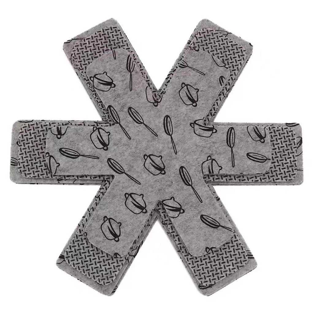Gray pot and pan protectors set of 12, utensil-pattern cross-shaped pads