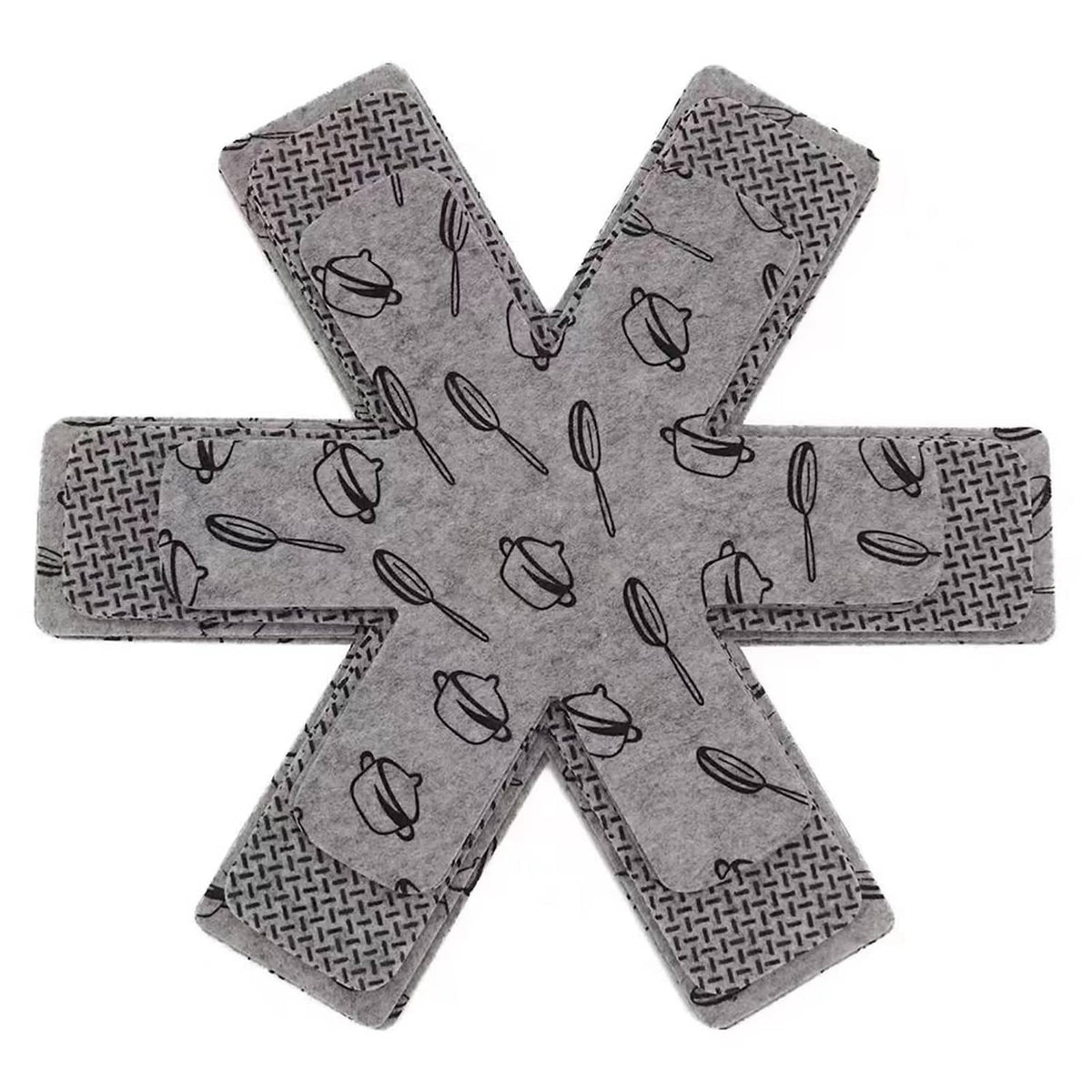 Gray pot and pan protectors set of 12, utensil-pattern cross-shaped pads