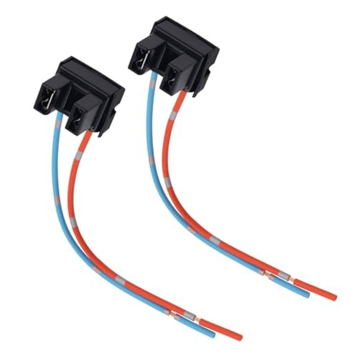Pair of black H7 headlight socket plugs with blue and red insulated wires