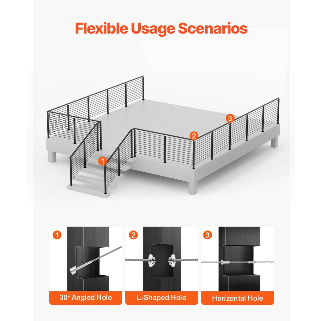 Modular cable railing setup with black posts on a platform and steps
