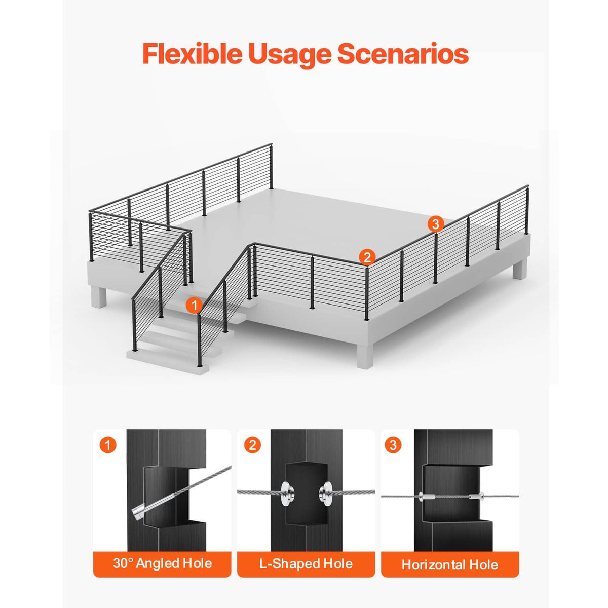 Modular cable railing setup with black posts on a platform and steps