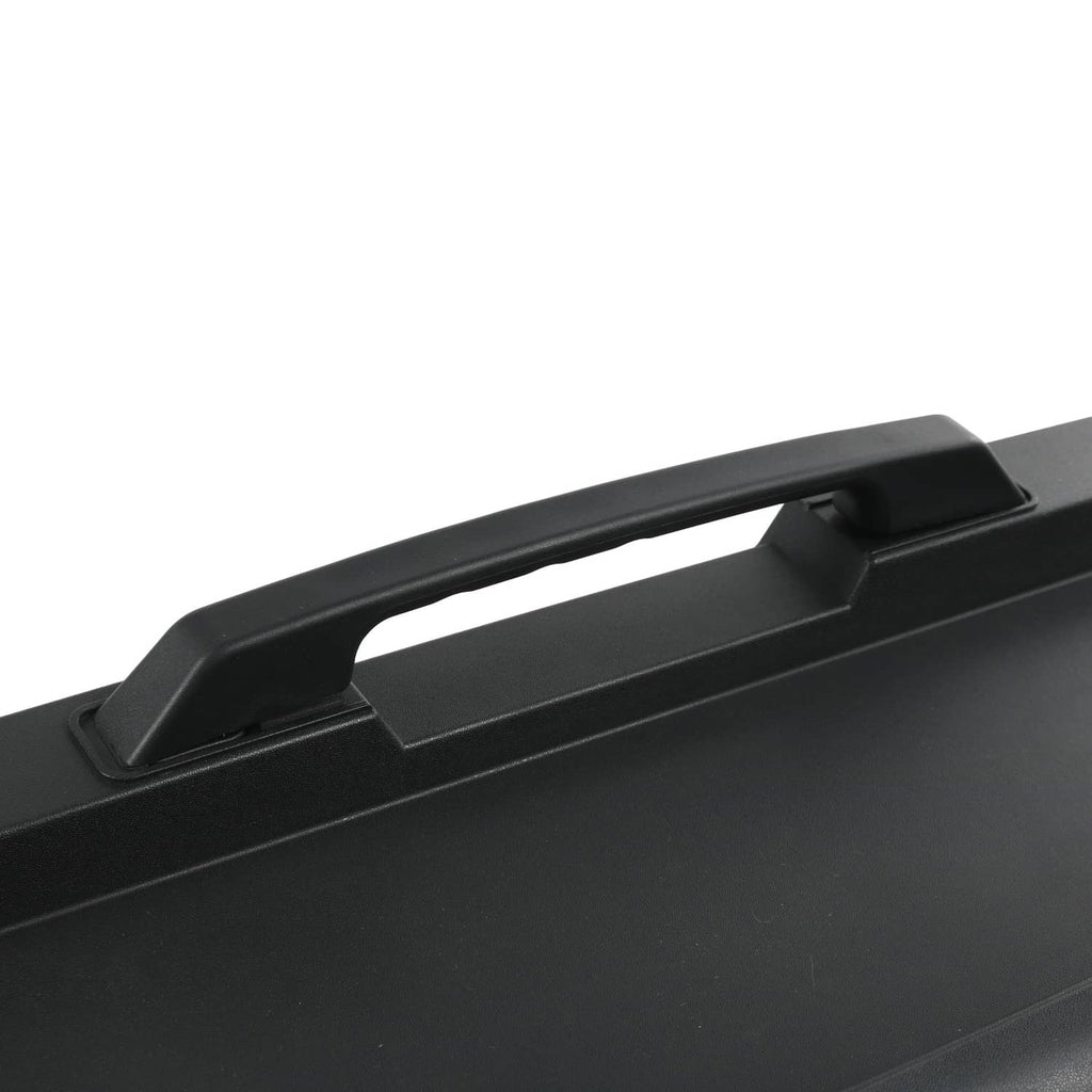 Rear tailgate license pocket handle on black plastic surface