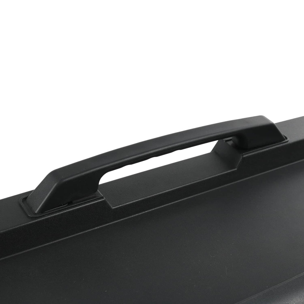 Rear tailgate license pocket handle on black plastic surface