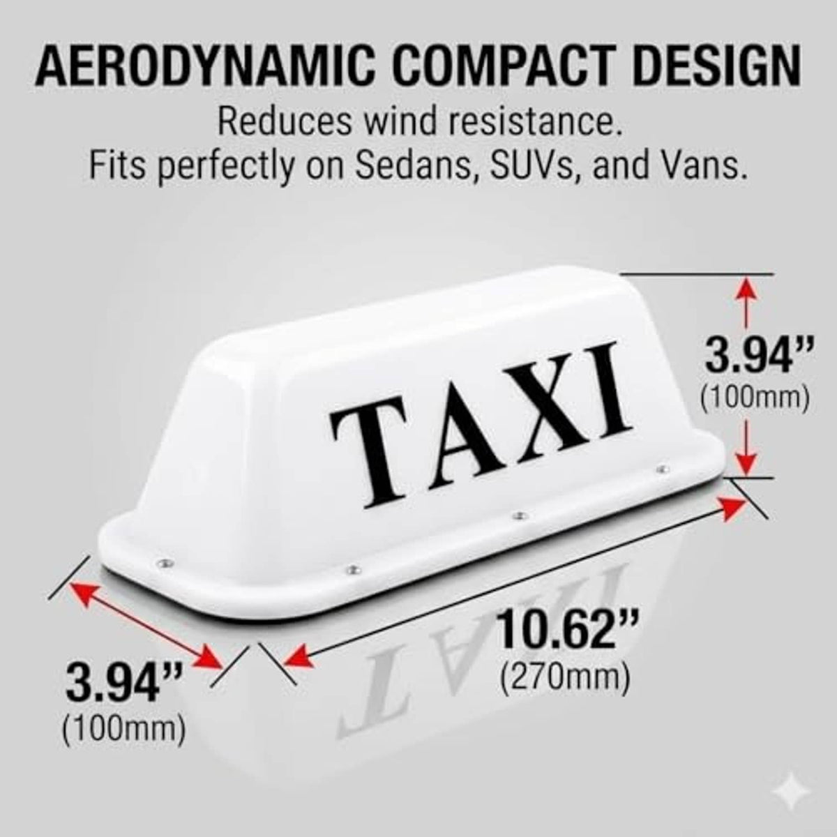 White taxi LED roof light with dimension measurements and front TAXI label