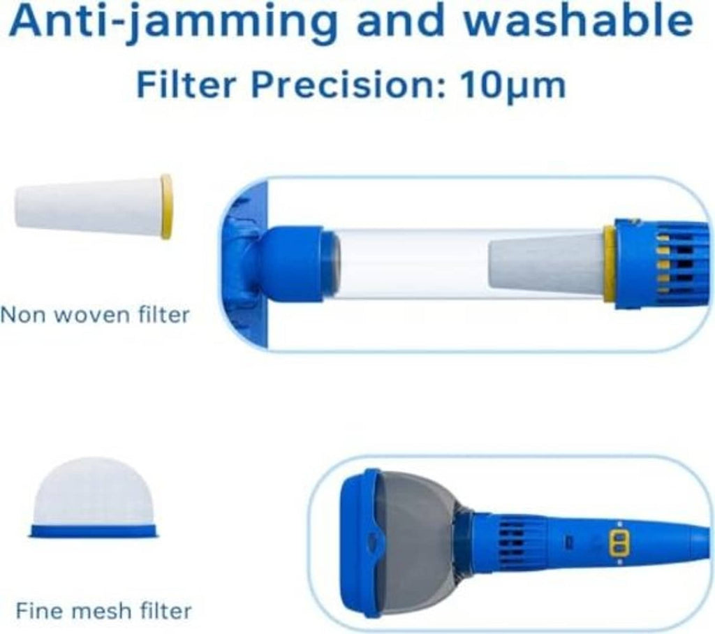 Cordless pool vacuum with washable fine-mesh filter and anti-jamming design