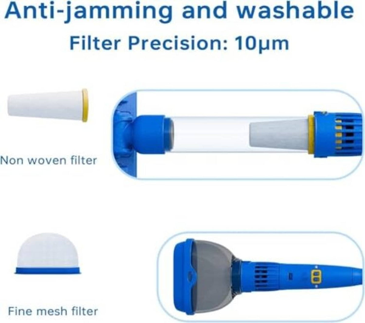 Cordless pool vacuum with washable fine-mesh filter and anti-jamming design