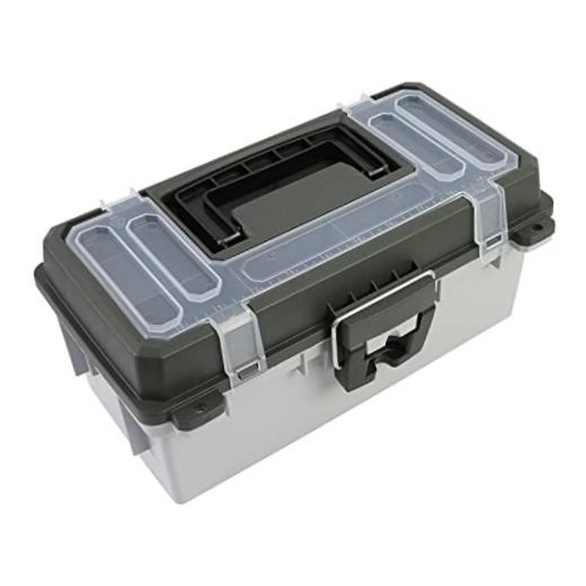 Grey 13-inch tackle/tool storage box with clear top organizer and open compartments