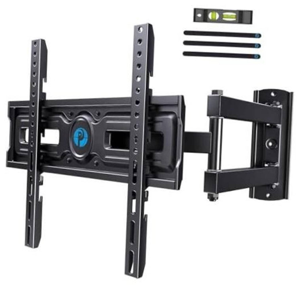 Full-motion black TV wall mount with long mounting rails and articulating bracket