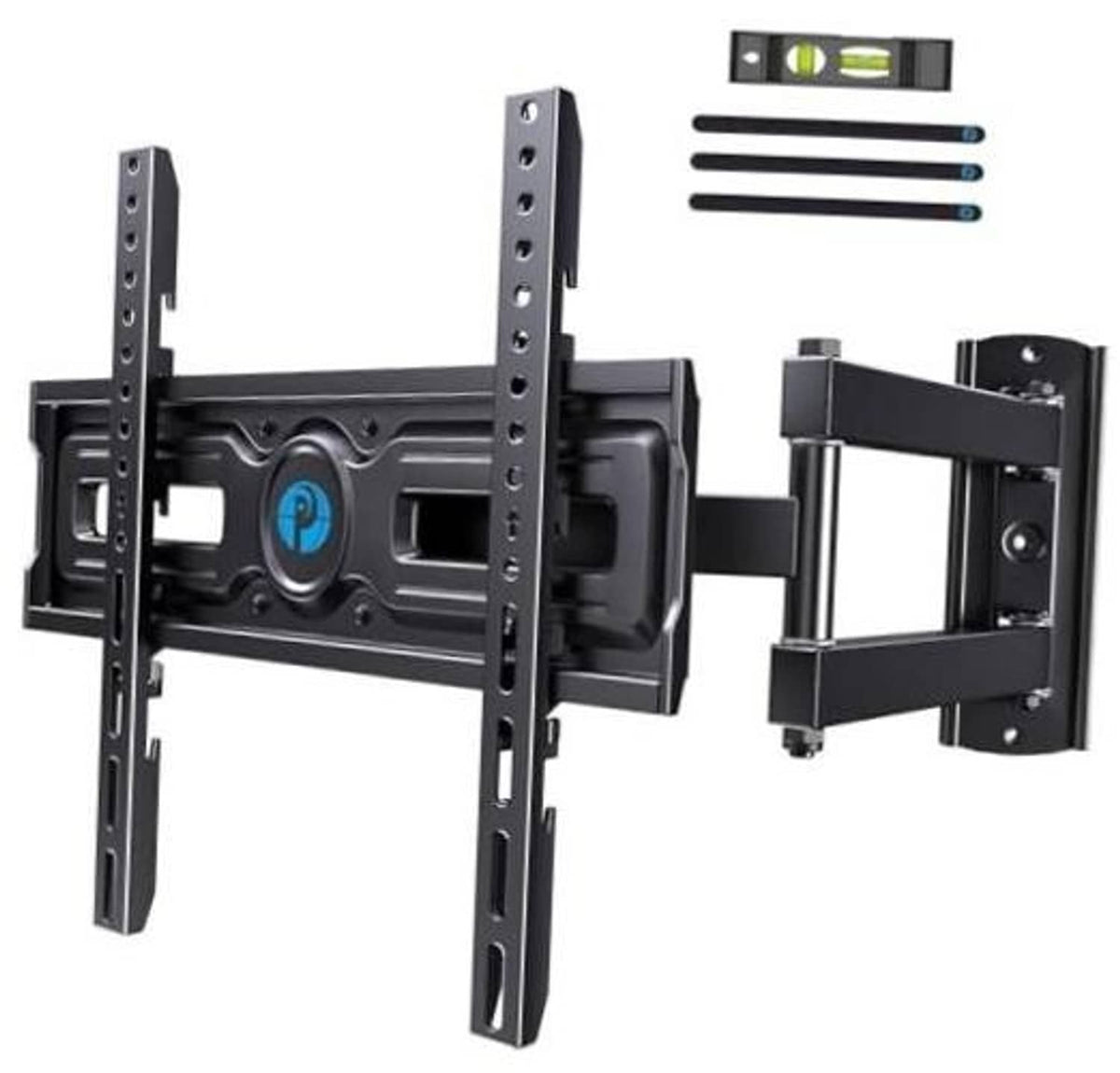 Full-motion black TV wall mount with long mounting rails and articulating bracket