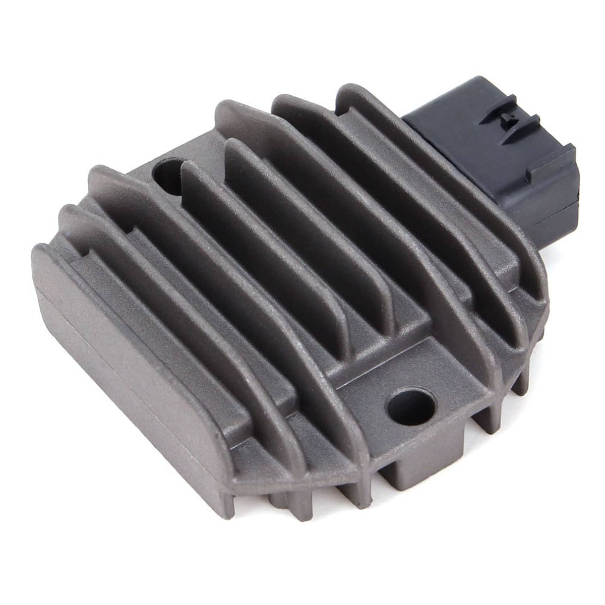 Voltage regulator rectifier unit angled view with cooling fins and mounting hole