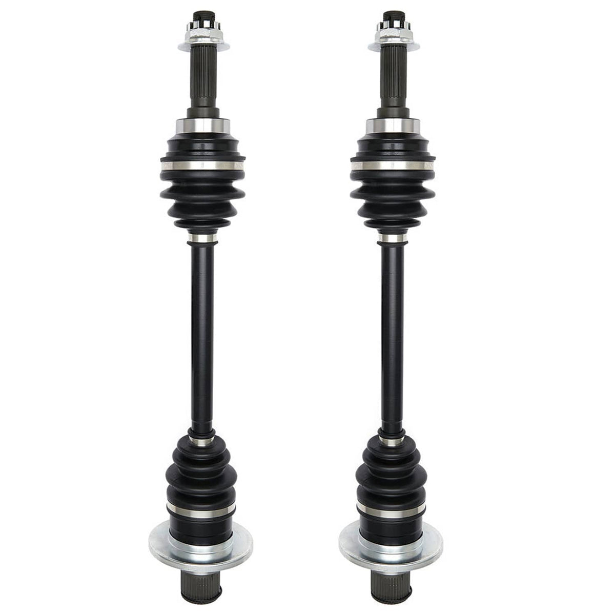 Two rear CV axle shafts standing upright, each with boot and bearing hub end