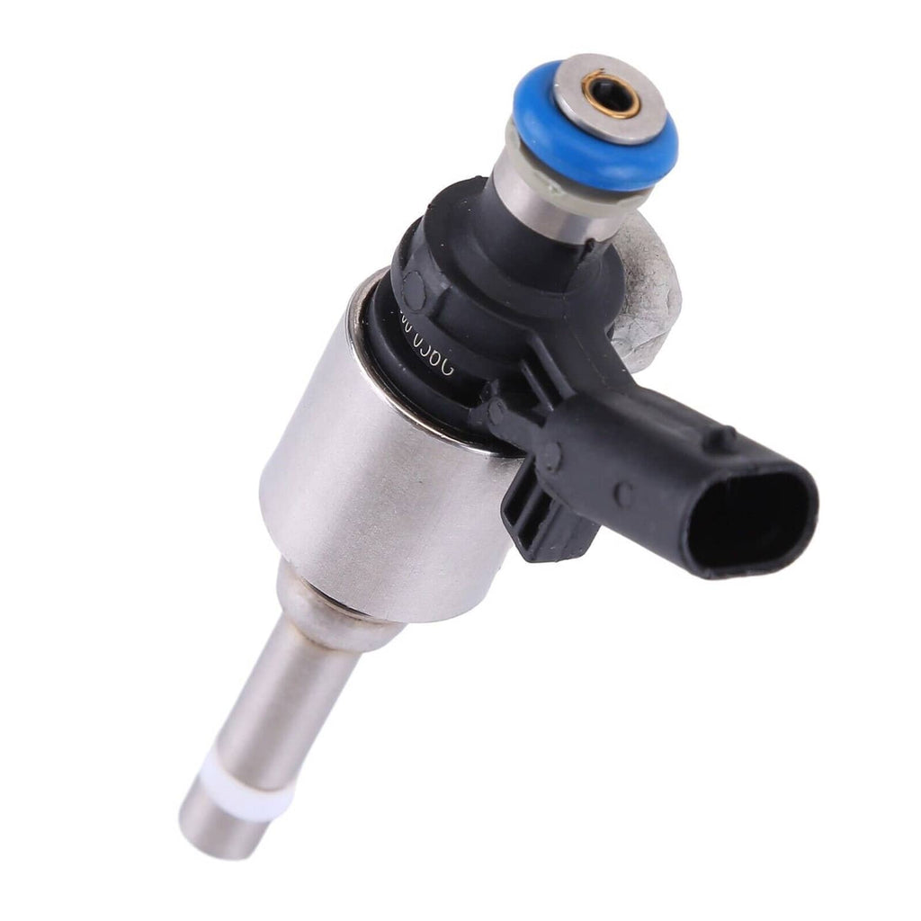 Single fuel injector with silver body, blue O-ring seal, and black electrical plug