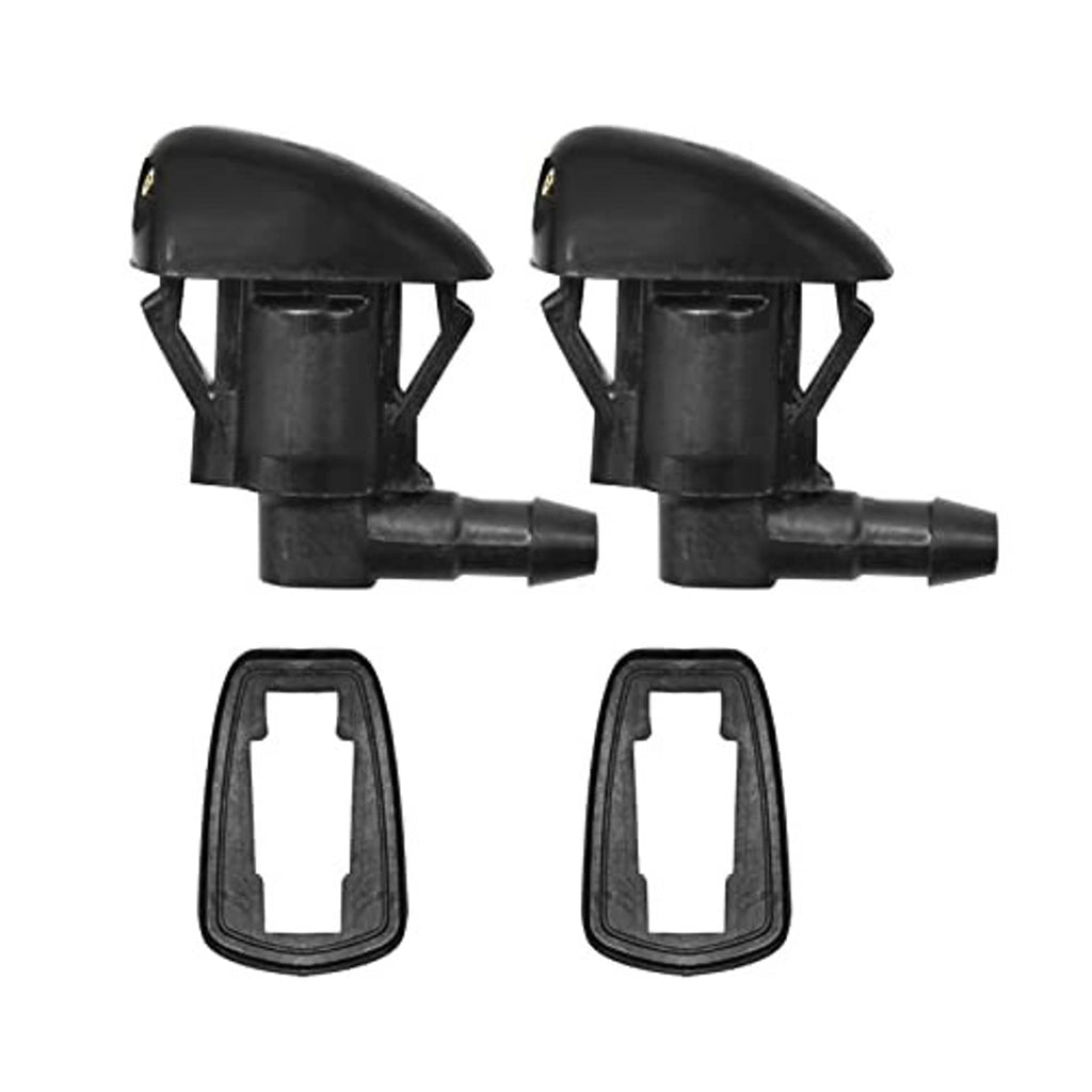 Two black windshield washer nozzles with two replacement gaskets, front-facing