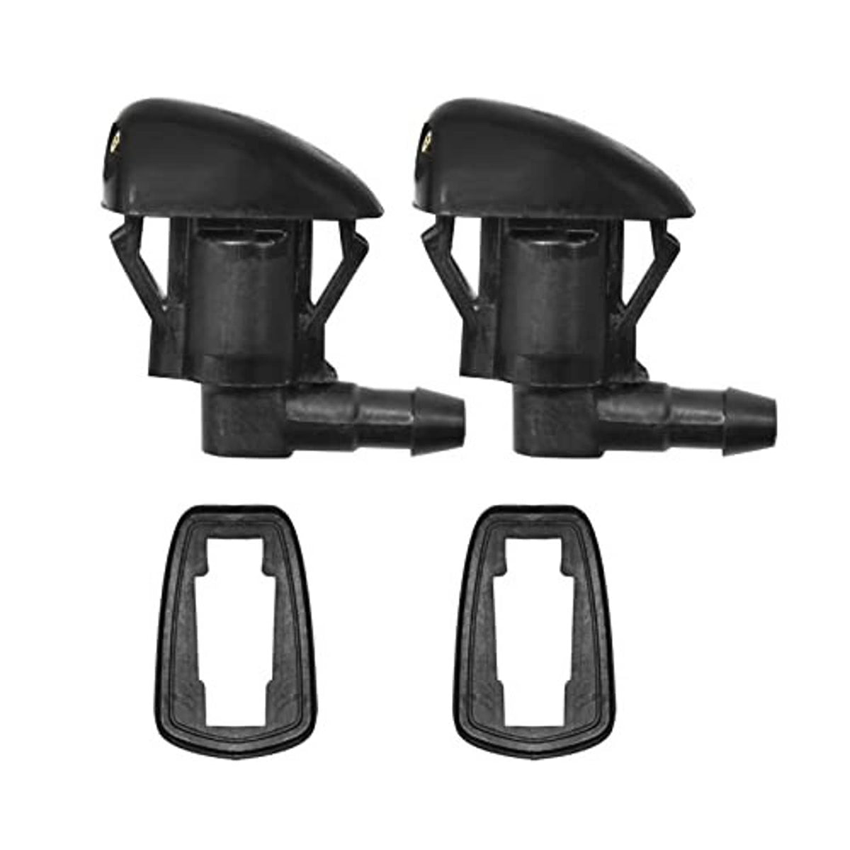 Two black windshield washer nozzles with two replacement gaskets, front-facing