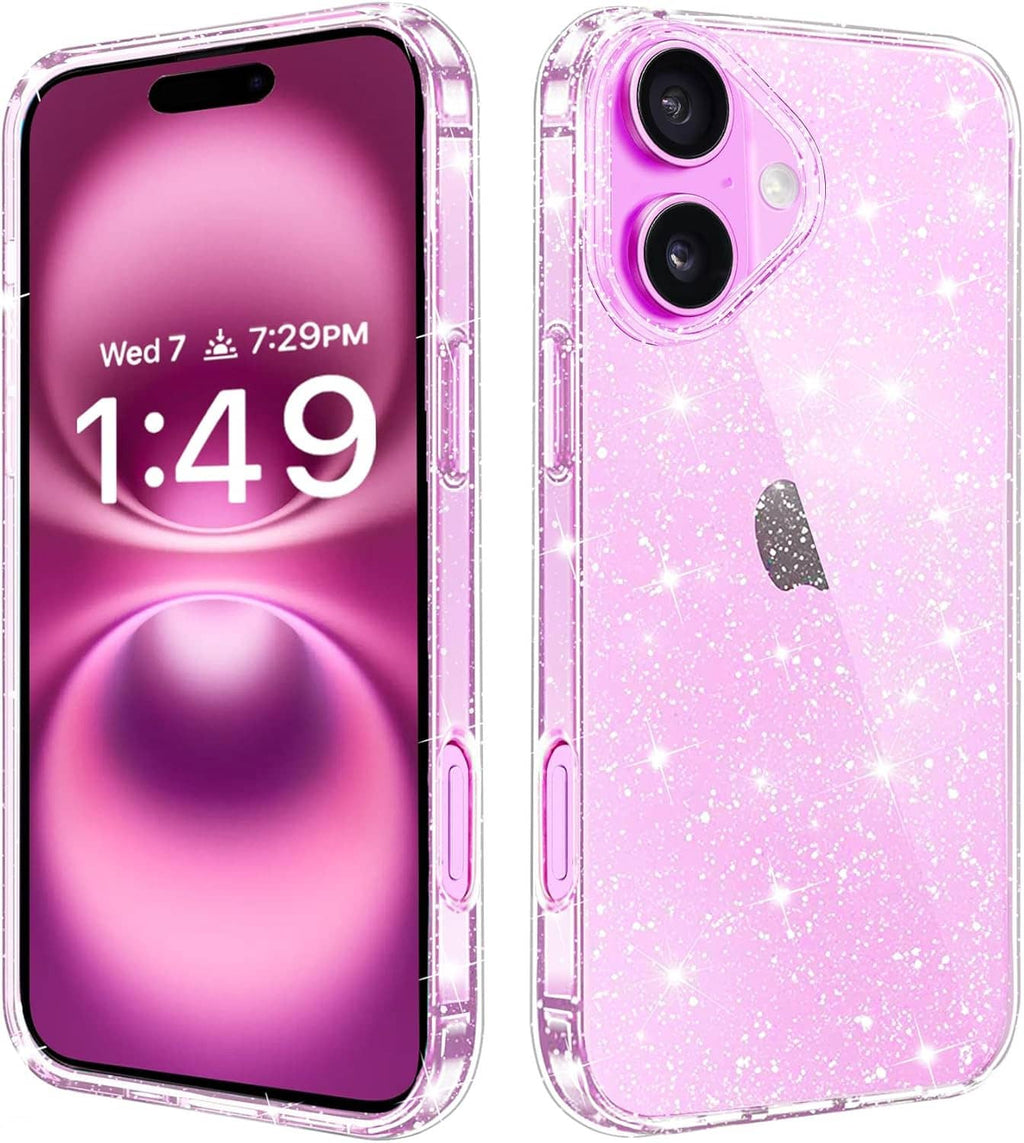 Pink glitter phone case back with dual camera cutouts and textured sparkly surface