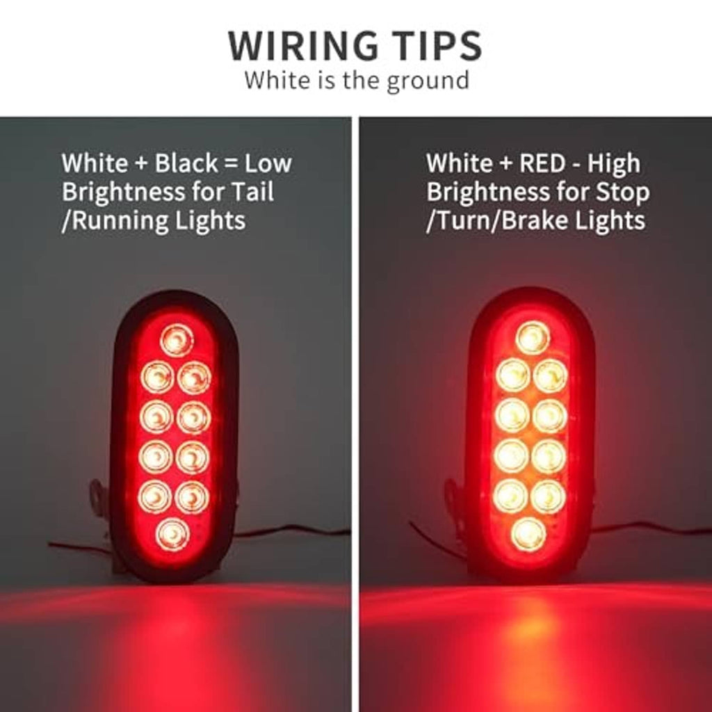 Red oval LED trailer tail light with bright LEDs shown for tail and brake modes