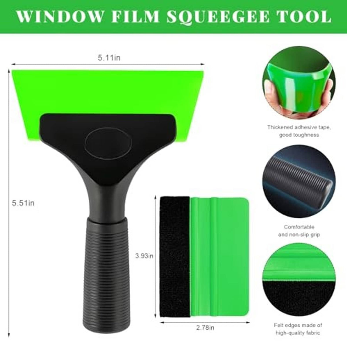 Window film squeegee tool kit with green scraper blade and black felt edge