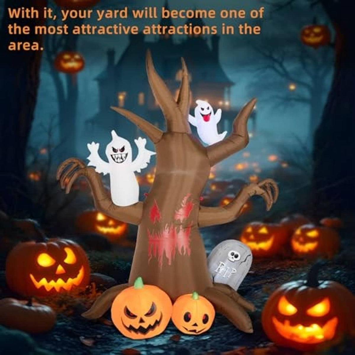 Inflatable Halloween haunted tree decoration with ghost figures and multiple glowing jack-o-lanterns