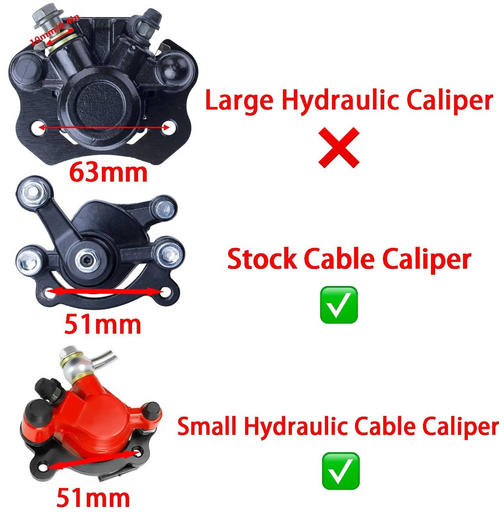 Caliper fitment graphic comparing large, stock, and small hydraulic cable calipers