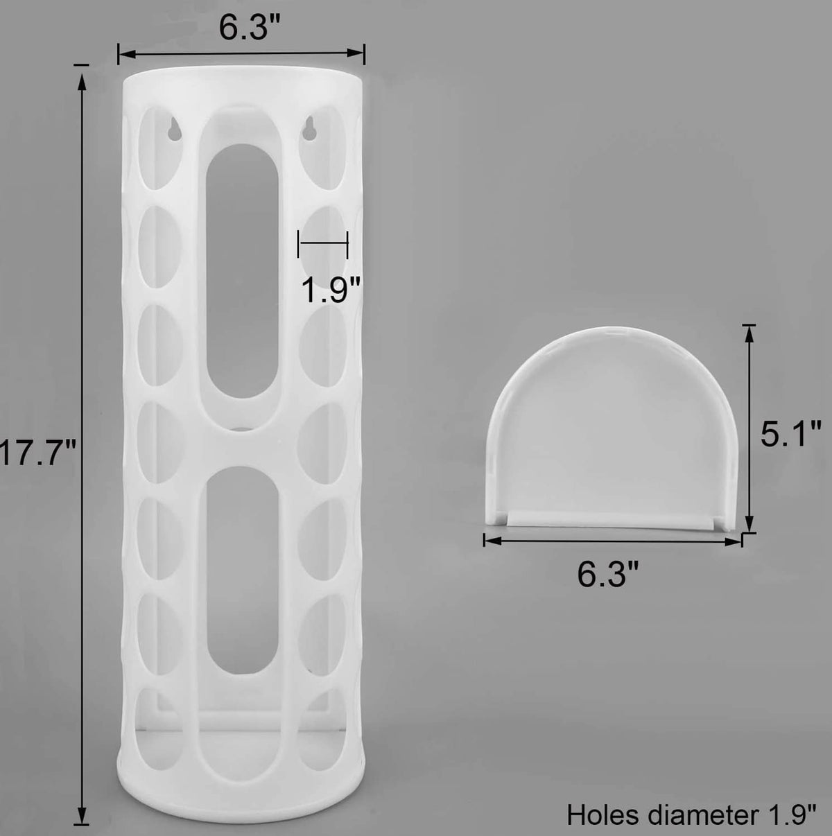 White plastic bag holder with arched opening and circular 1.9 in holes
