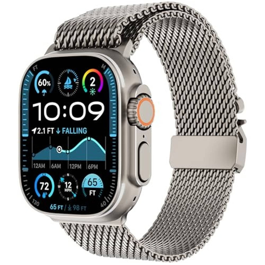 Silver Milanese mesh loop watch band on Apple Watch with clasp and curved mesh