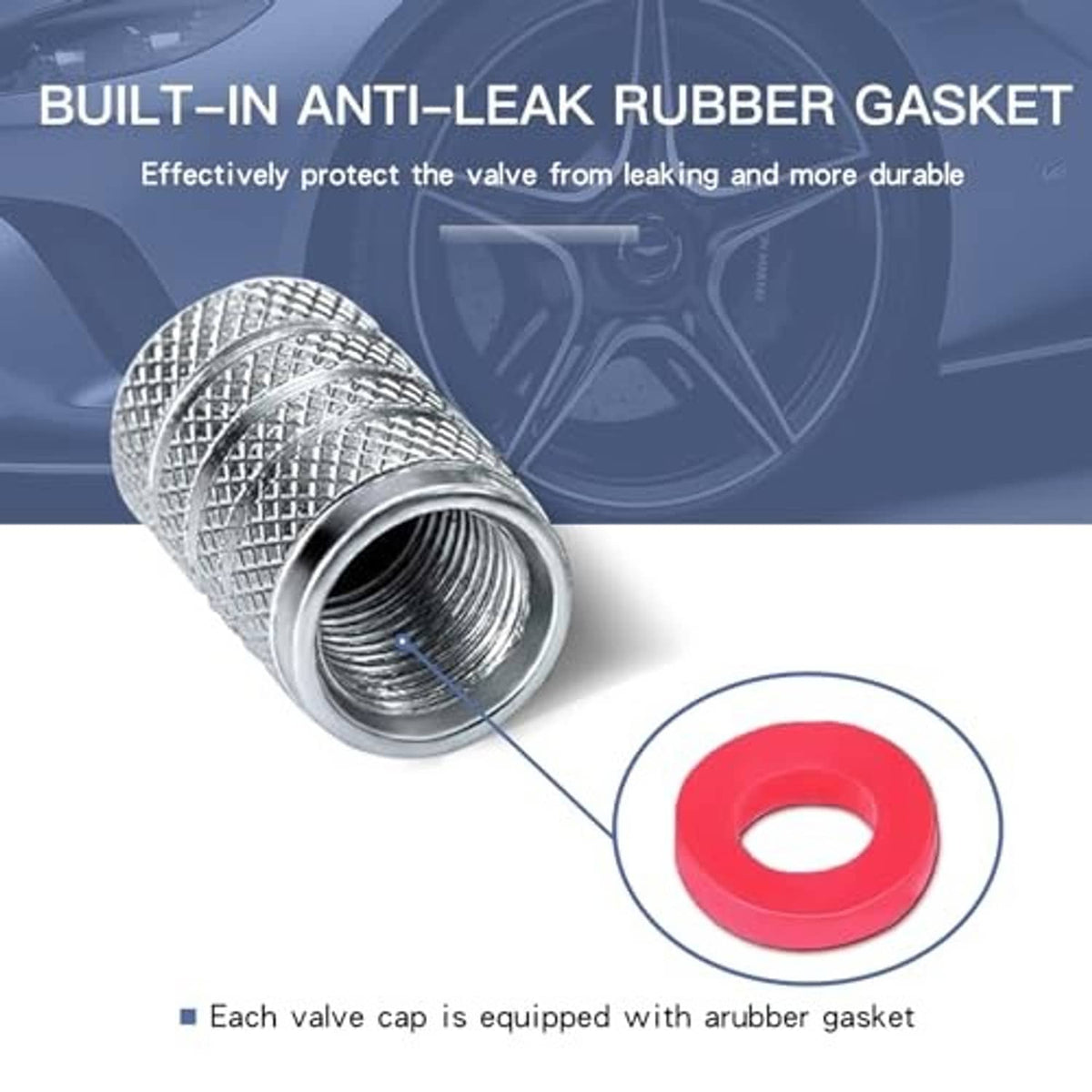 Tire valve stem cover with silver knurled body, threaded opening, red rubber gasket