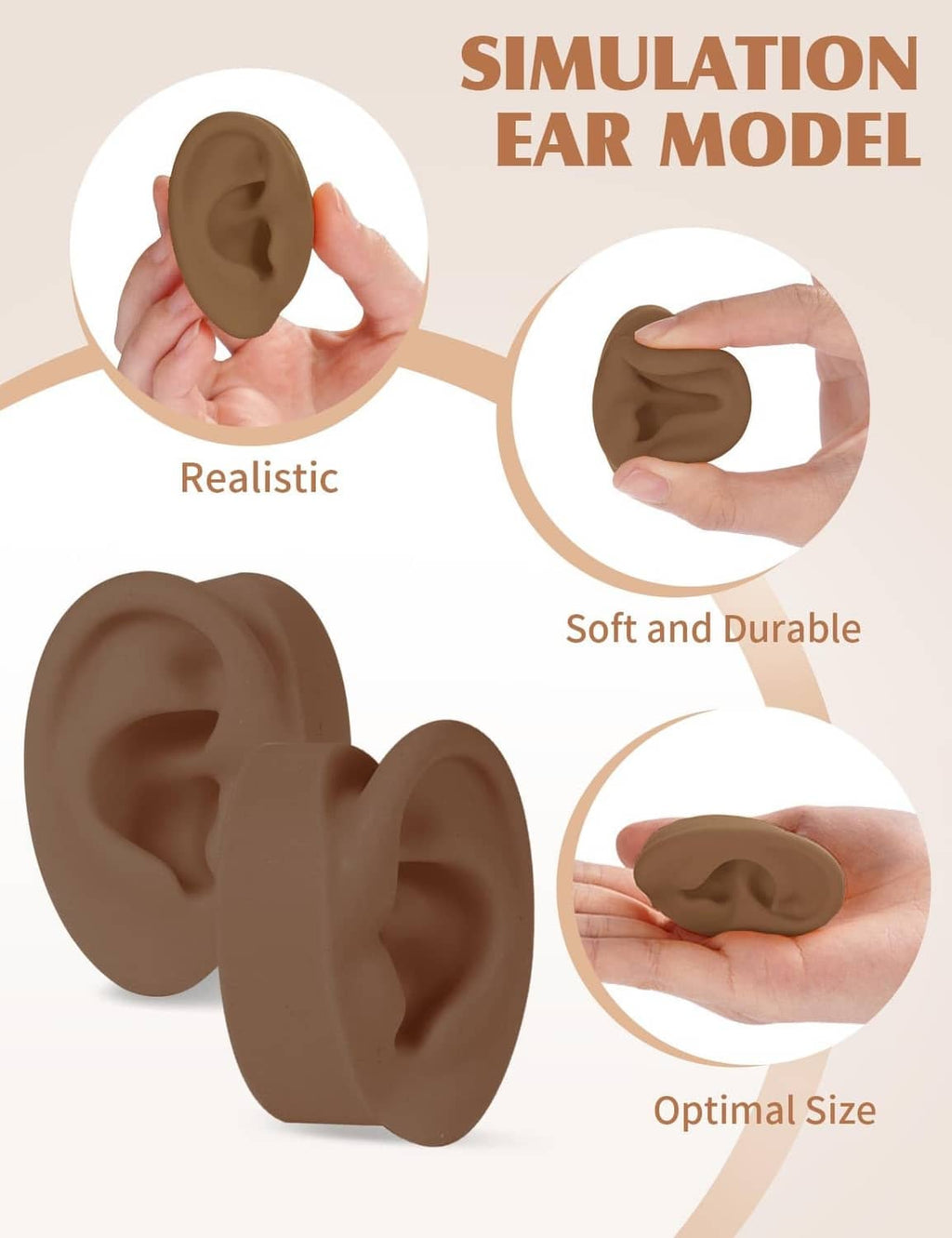 Two dark brown silicone ear models held in hands, realistic ear shape with inner details