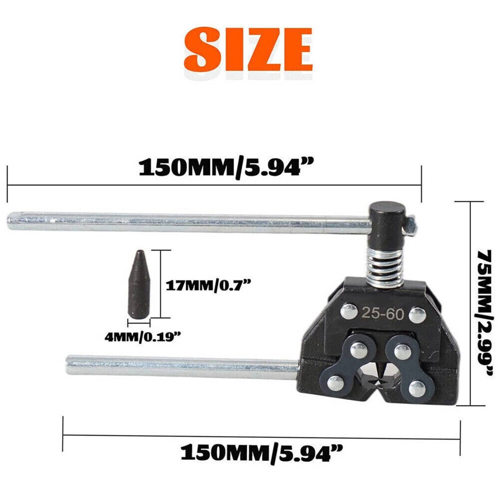 Roller chain breaker tool with long steel handle rods and black pin head