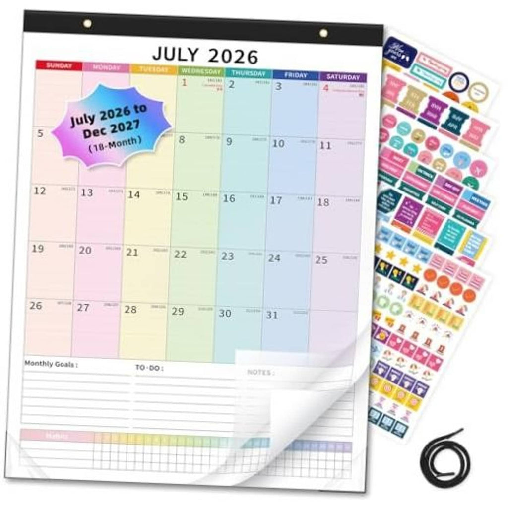 Monthly wall calendar sheet for July 2026, colorful date grid with notes lines