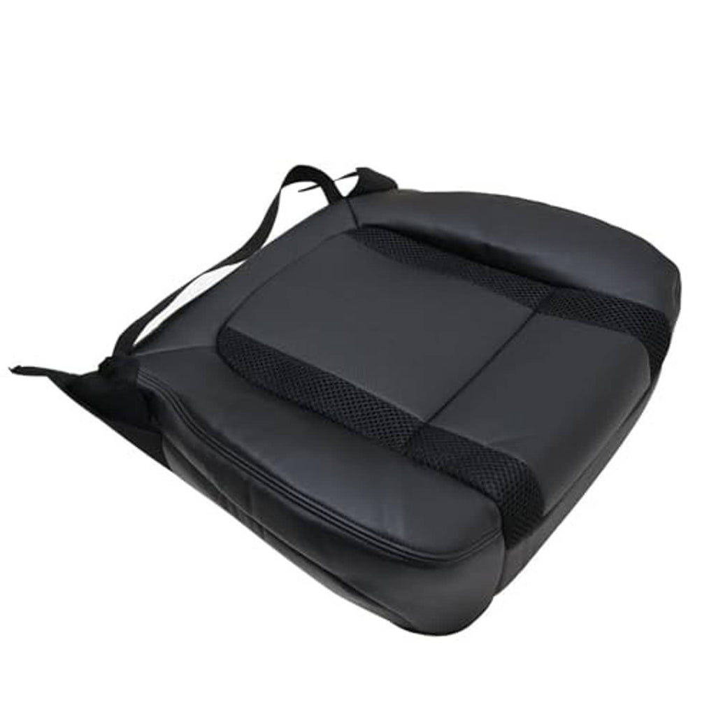 Black perforated front seat bottom replacement cover with stitched quilting and side seams