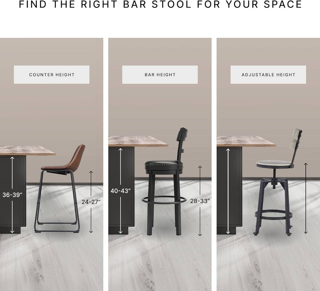 Bar stool height options graphic showing counter-height stool with gray padded seat