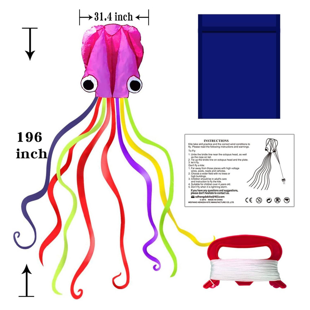 Octopus kite with pink-purple octopus body and long rainbow ribbon tail