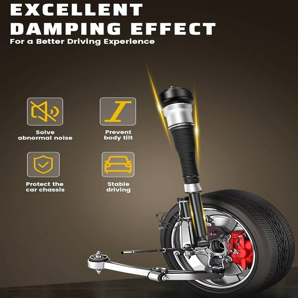 Air suspension damping effect infographic showing a shock absorber above a wheel