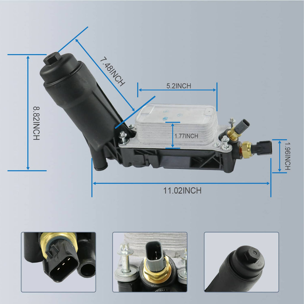 Oil filter adapter housing with dimension lines, black body and silver heat exchanger plate
