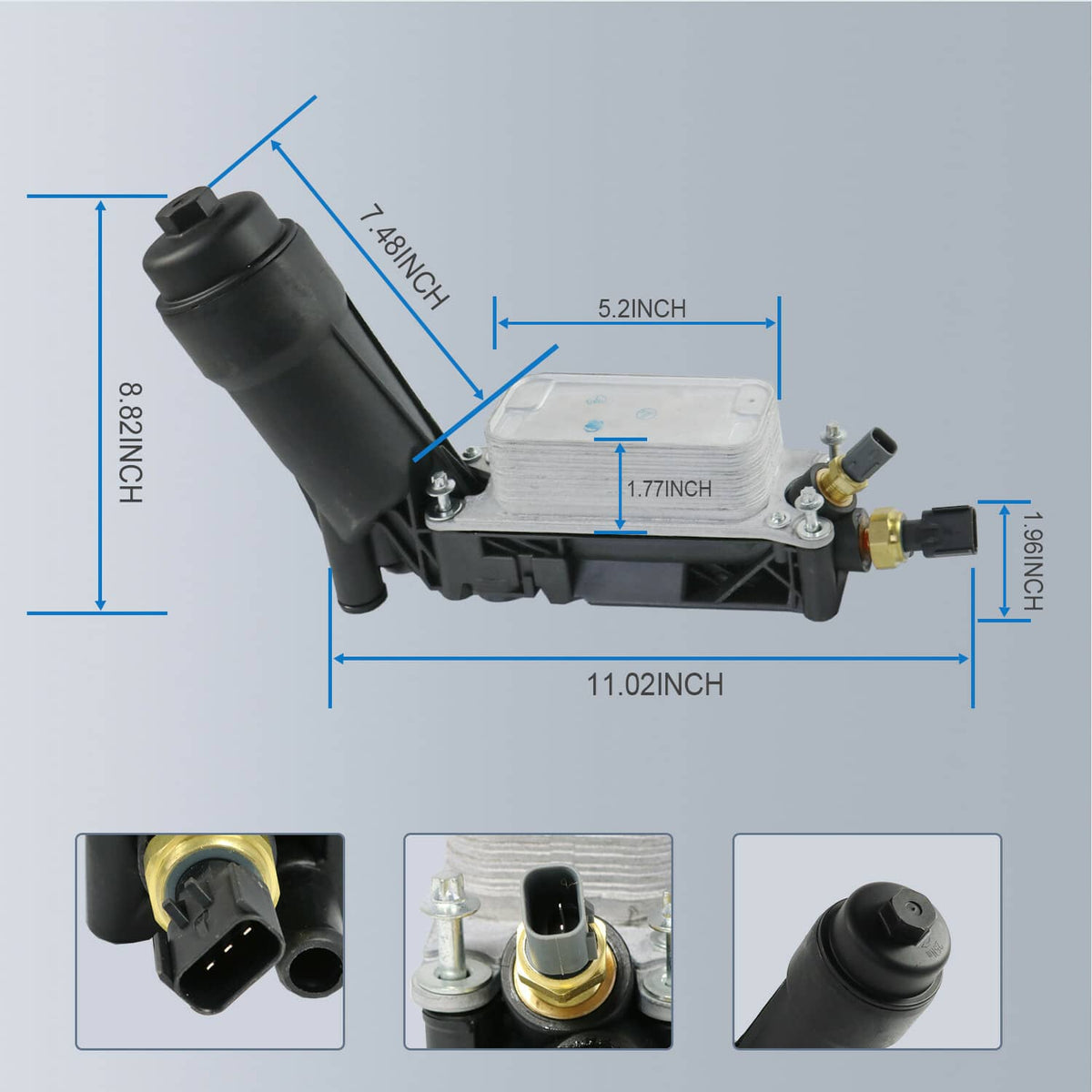 Oil filter adapter housing with dimension lines, black body and silver heat exchanger plate