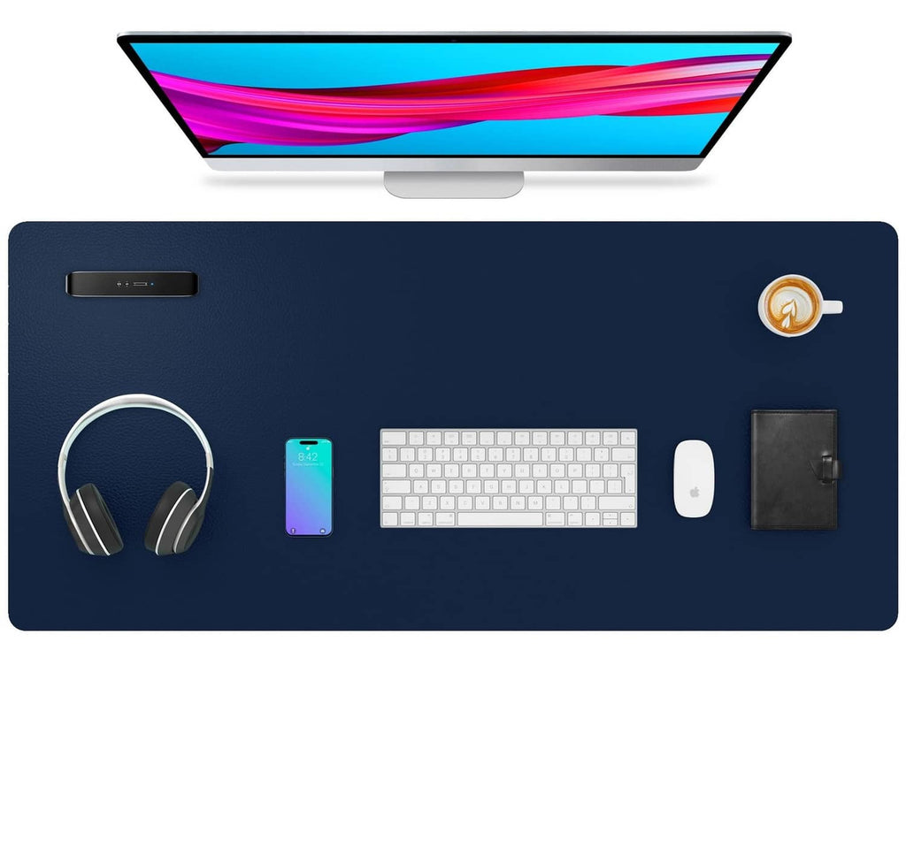 Dark blue desk pad protector with smooth faux leather surface and rounded corners