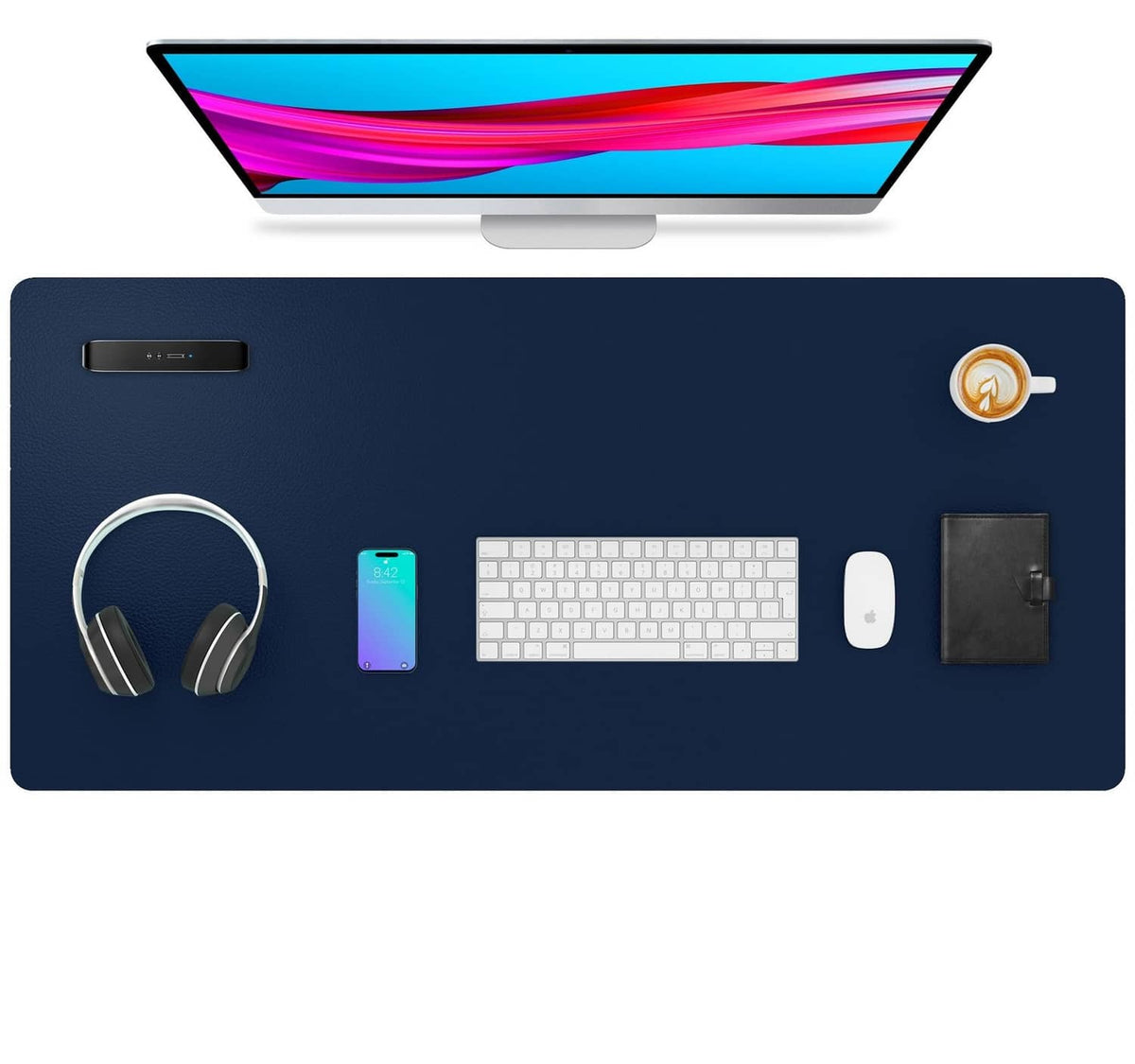 Dark blue desk pad protector with smooth faux leather surface and rounded corners