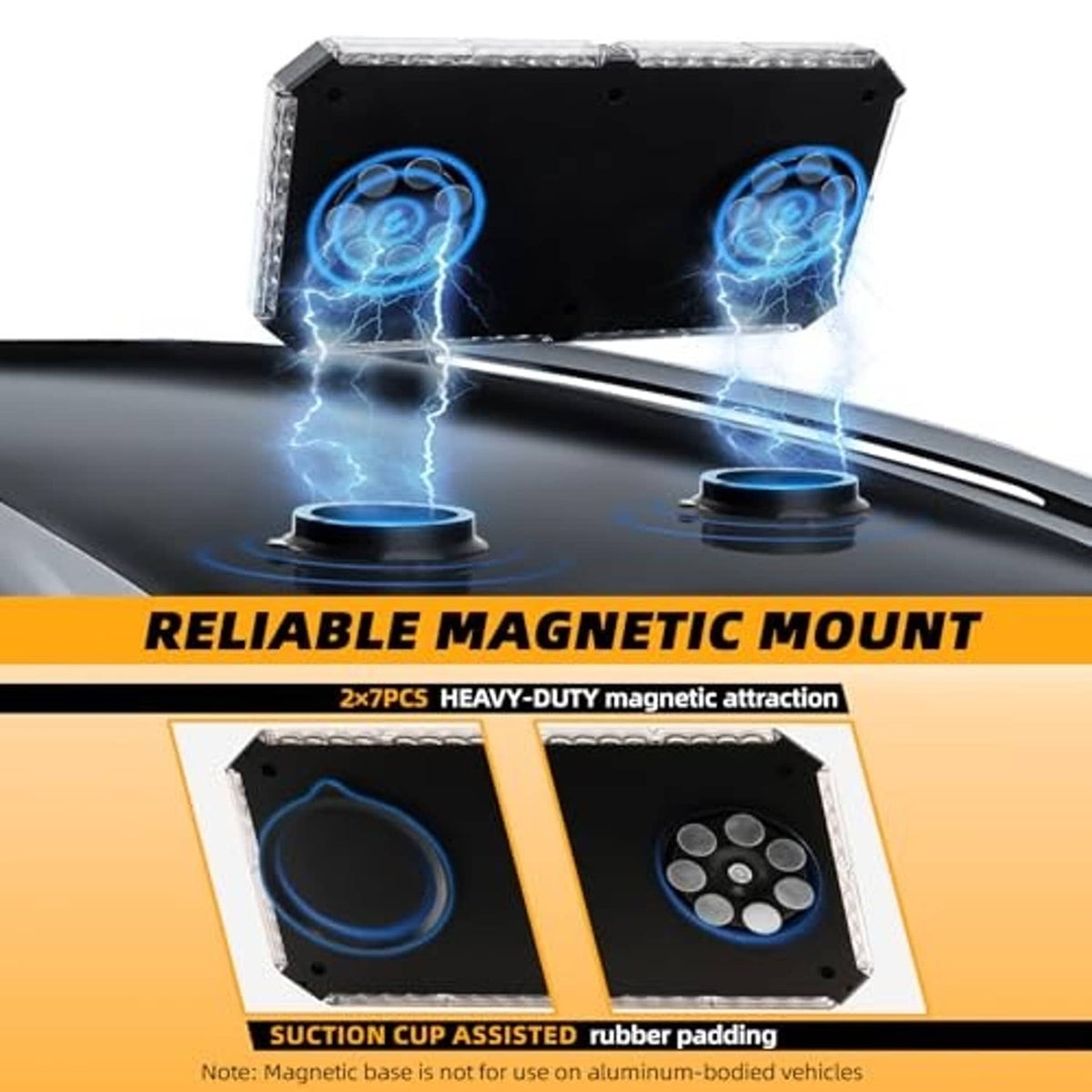 Magnetic mount strobe light module with suction cup pads and cable connectors