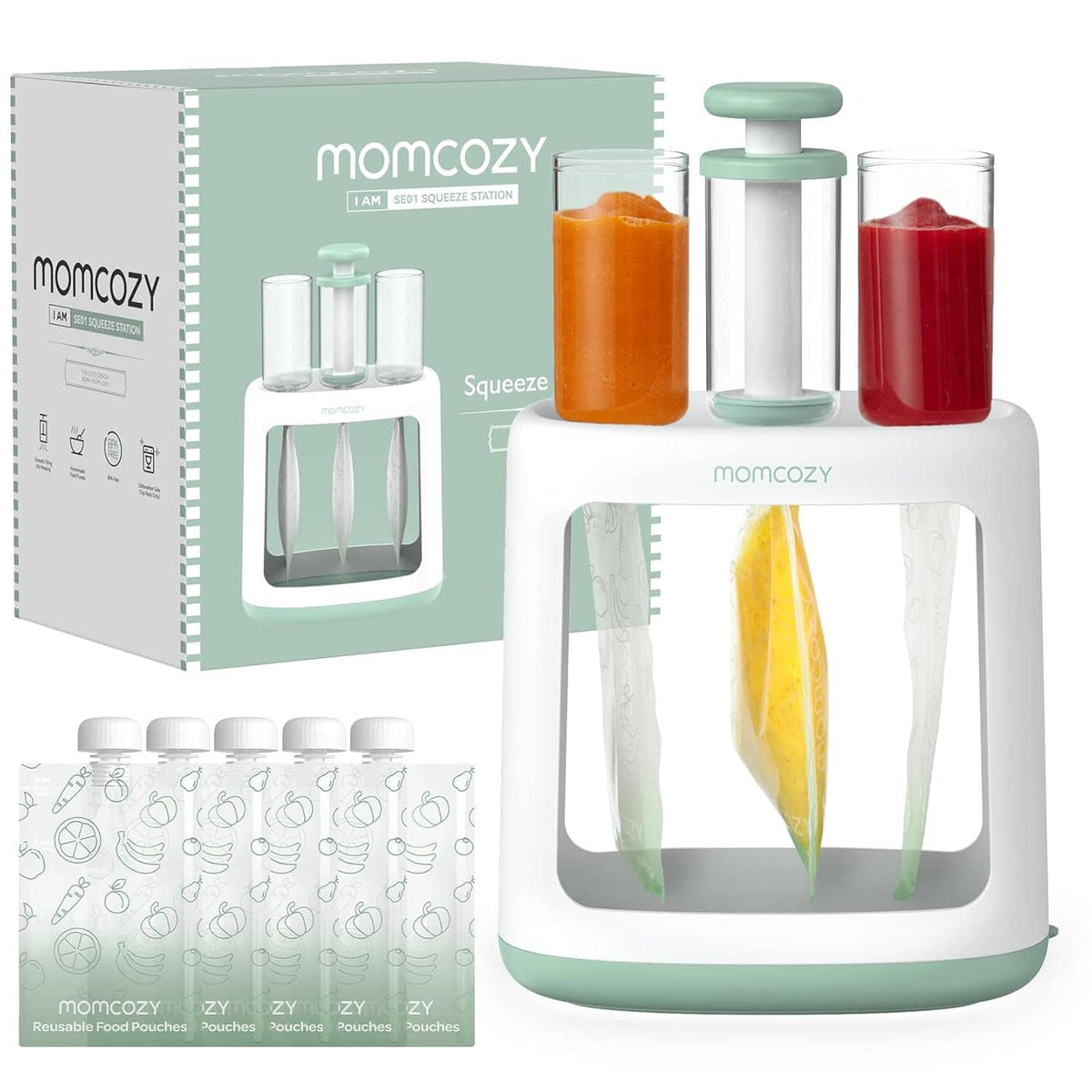 Baby food pouch filler squeeze station with mint green top, white base, filled pouches