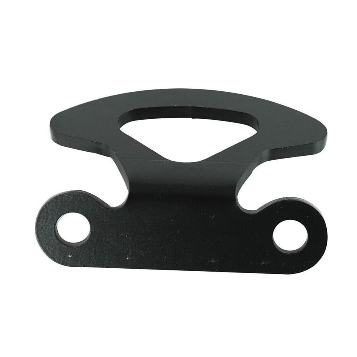 Truck bed tie-down hook anchor bracket, black metal with two round holes and central slot