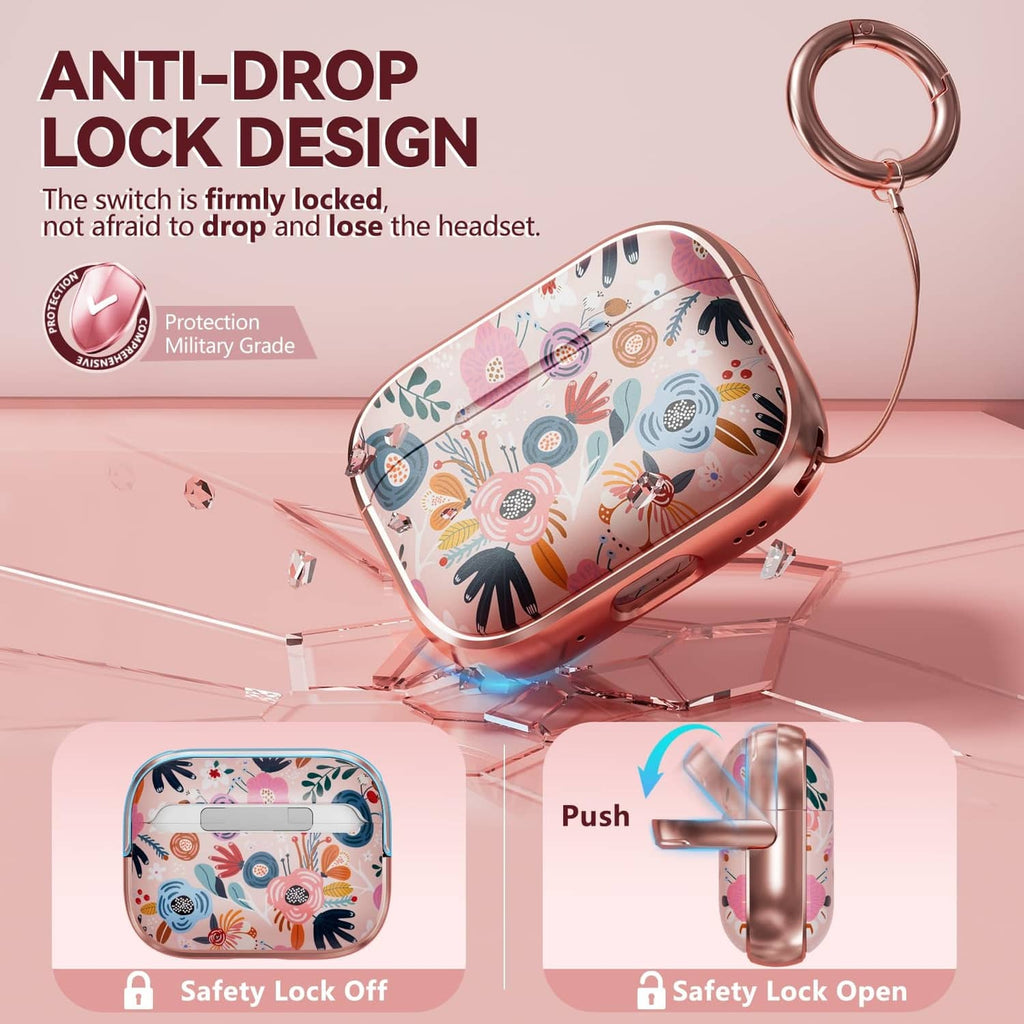 Inesore AirPods case with rose-gold key ring and pink floral top cover