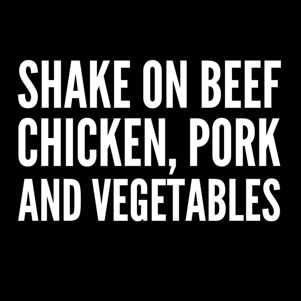 Shake on DEEF, chicken, pork, and vegetables promotional text