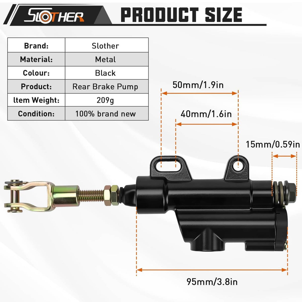 Black rear brake pump with gold rod fitting and two mounting ears, metal body