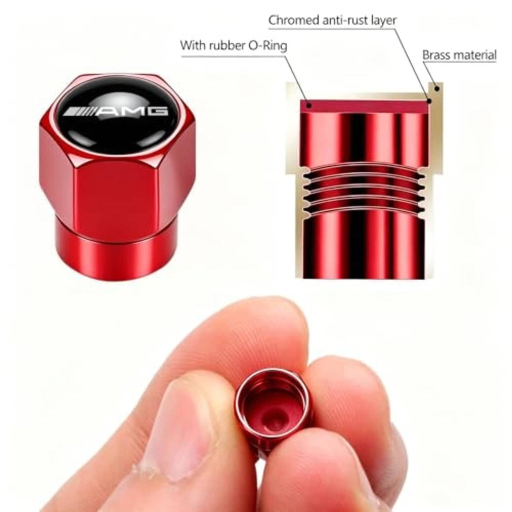 Red metal tire valve stem cap with AMG logo and rubber O-ring, side view