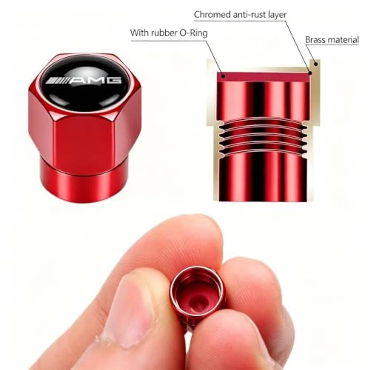 Red metal tire valve stem cap with AMG logo and rubber O-ring, side view