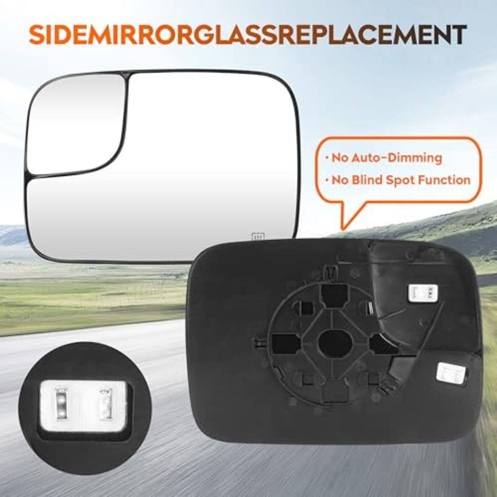 Left heated mirror glass kit with black backing plate, connectors, and mounting foam