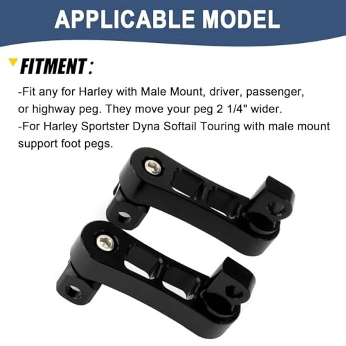 Black adjustable foot peg extension mounts with two bars and bolt-on mounting plates