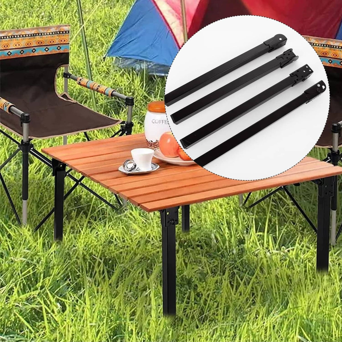 Black metal folding table legs supporting an outdoor wooden table