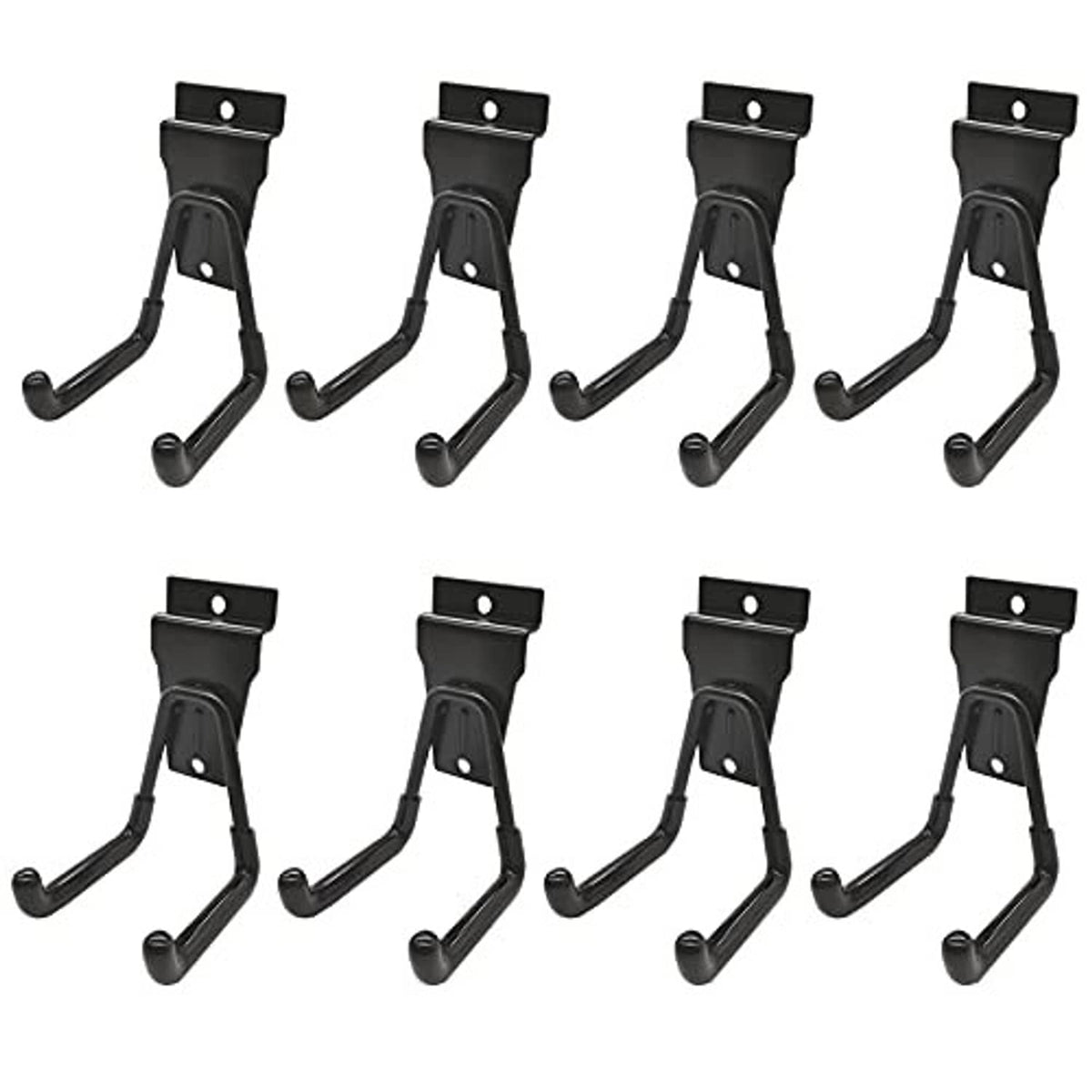 Set of black small U slatwall hooks with mounting plate, 8-pack