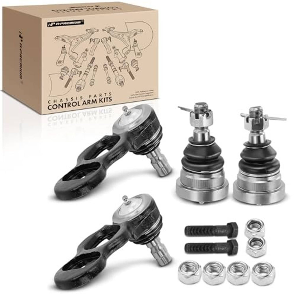 Ball joint kit with two ball joints, black rubber boots, and assorted nuts and bolts